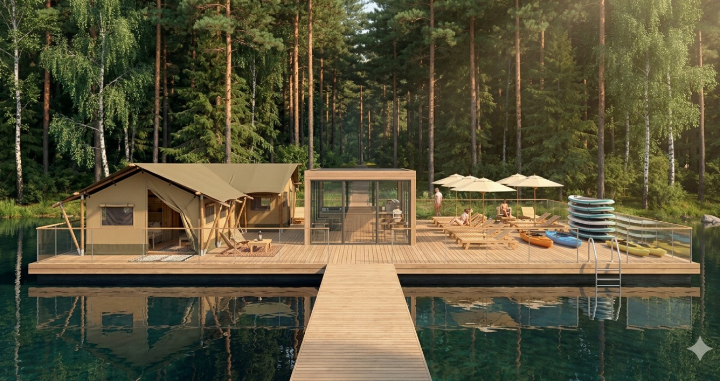 ПОНТОНЫ и понтонные решения для АКВАГЛЭМПИНГОВ на воде