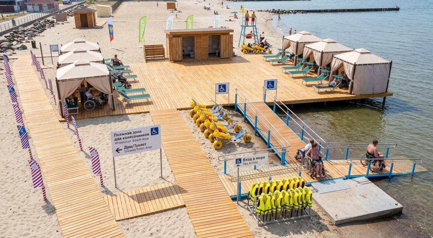 Пляж для инвалидов комплексно оборудованный на прием 10 инвалидов-колясочников