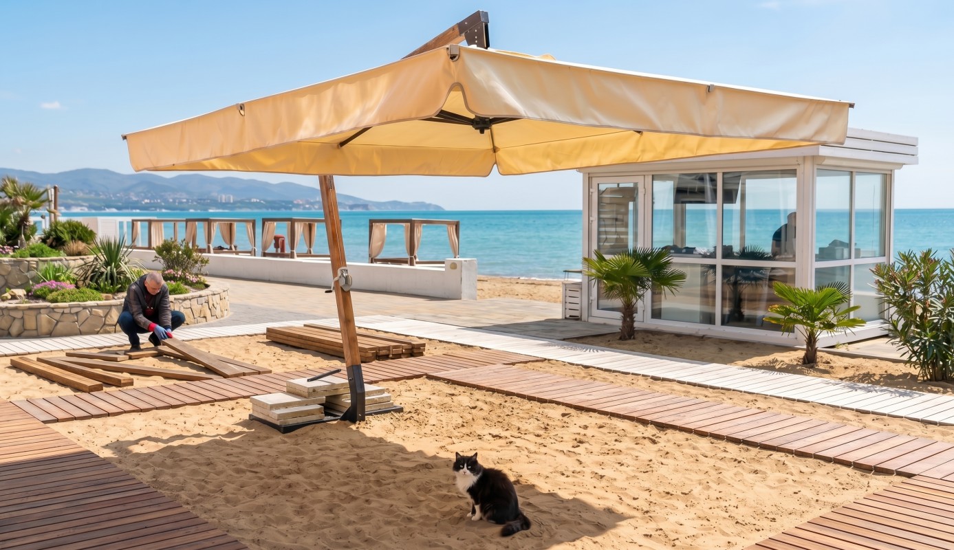 Зонт с боковой деревянной опорой. Малый Помор. Размер купола 3х3 м. 2026 г.