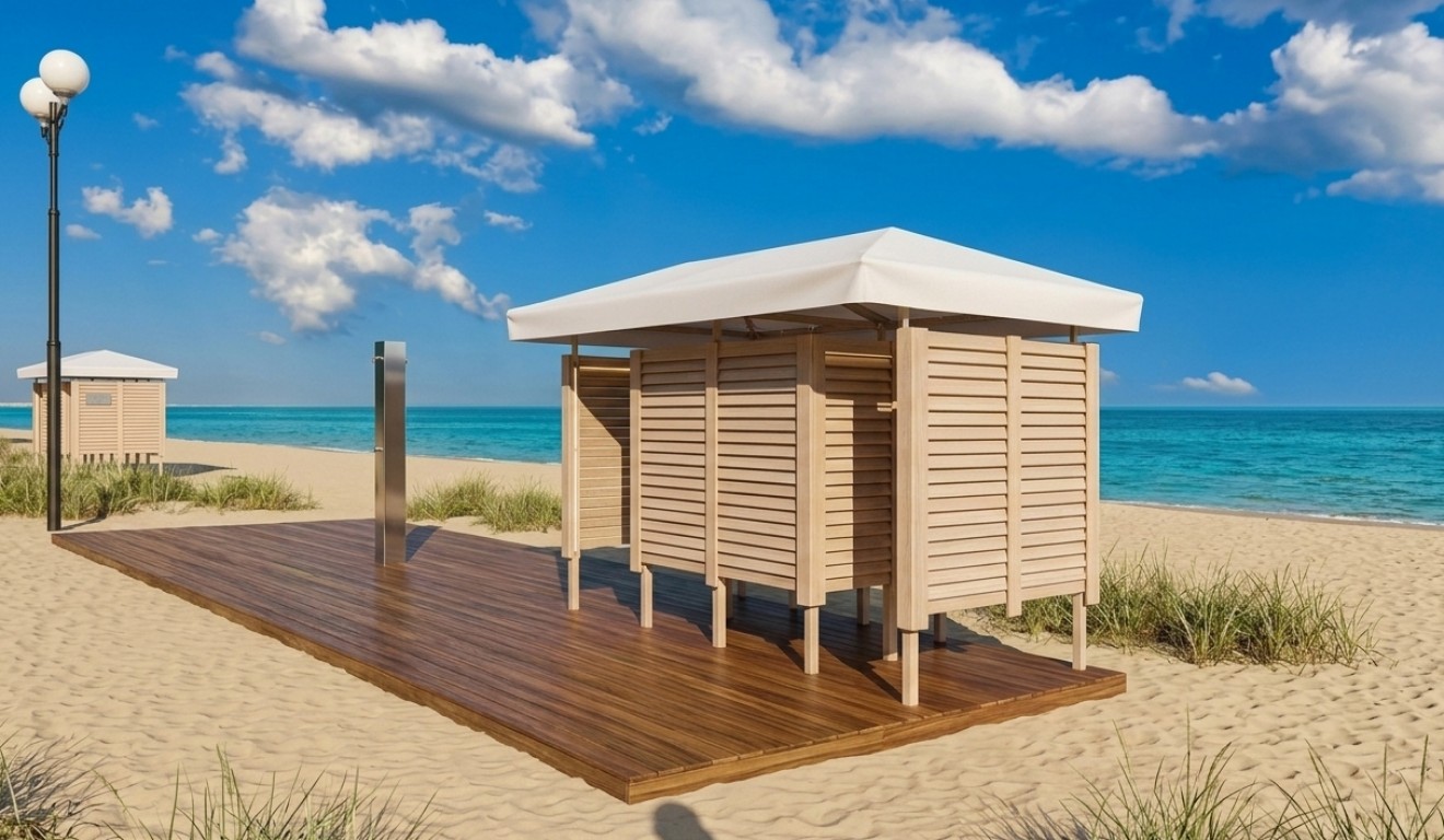 КАБИНКА ПЛЯЖНАЯ ДЛЯ ПЕРЕОДЕВАНИЯ ДВОЙНАЯ НА НАСТИЛЕ. ЗОЛОТАЯ ДЮНА. Цена 2022 г.