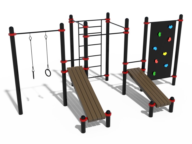 ВОРКАУТ КОМПЛЕКС СКАЛАДРОМ, КОЛЬЦА, ШВЕДСКАЯ СТЕНКА, 3 ТУРНИКА И 2 НАКЛОННЫЕ СКАМЬИ