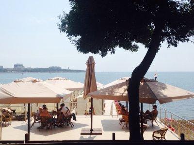 Наши зонты размером 3х3 метра телескопические в кафе Геленджика.